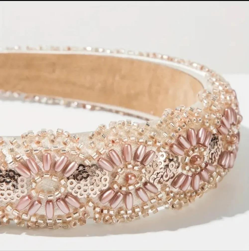 Beaded Headband Hand-stitched Rice Beads and Sequins Pink Beige NEW